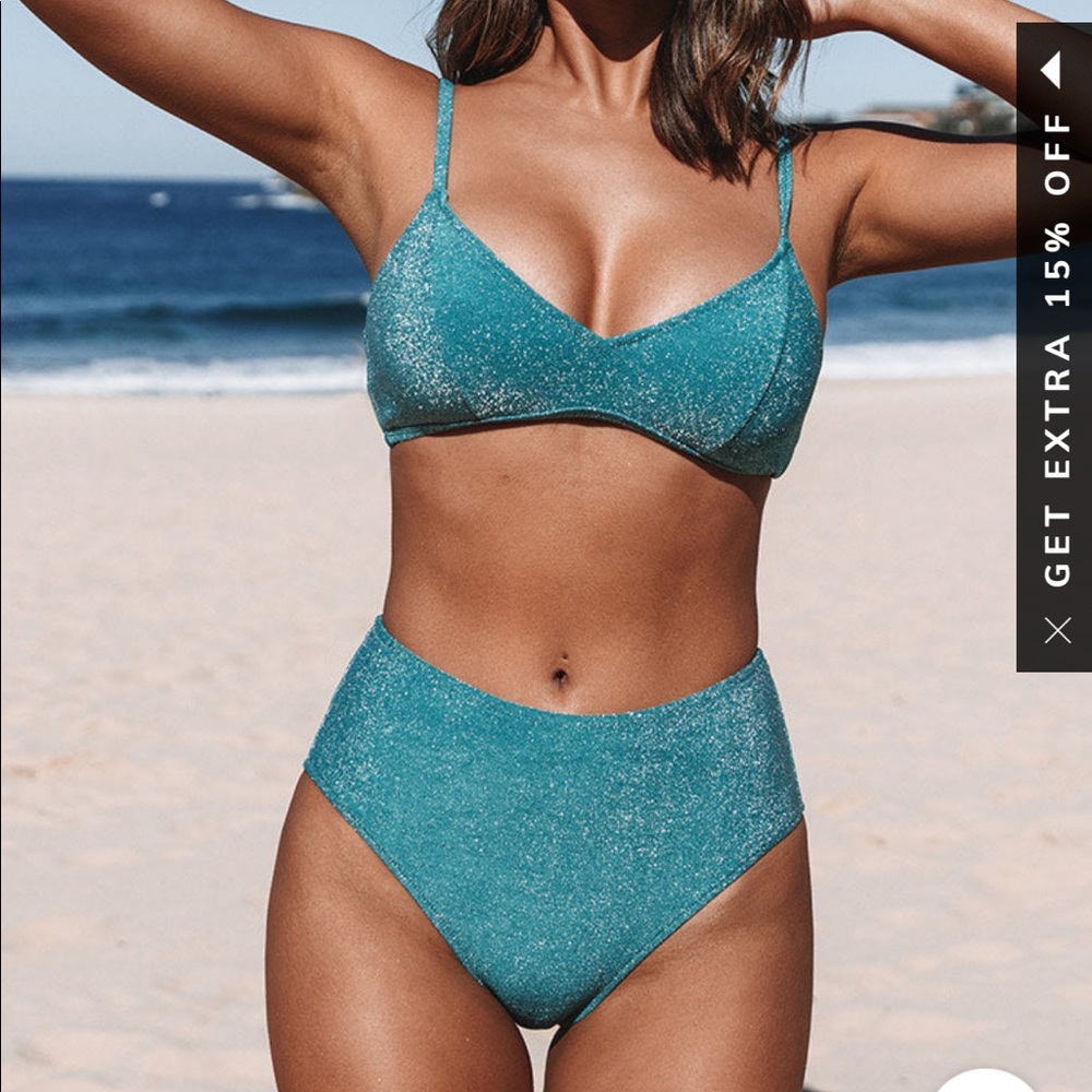 NWT CUPSHE Estelle Shimmery Back Hook Bikini blue glitter- high waisted